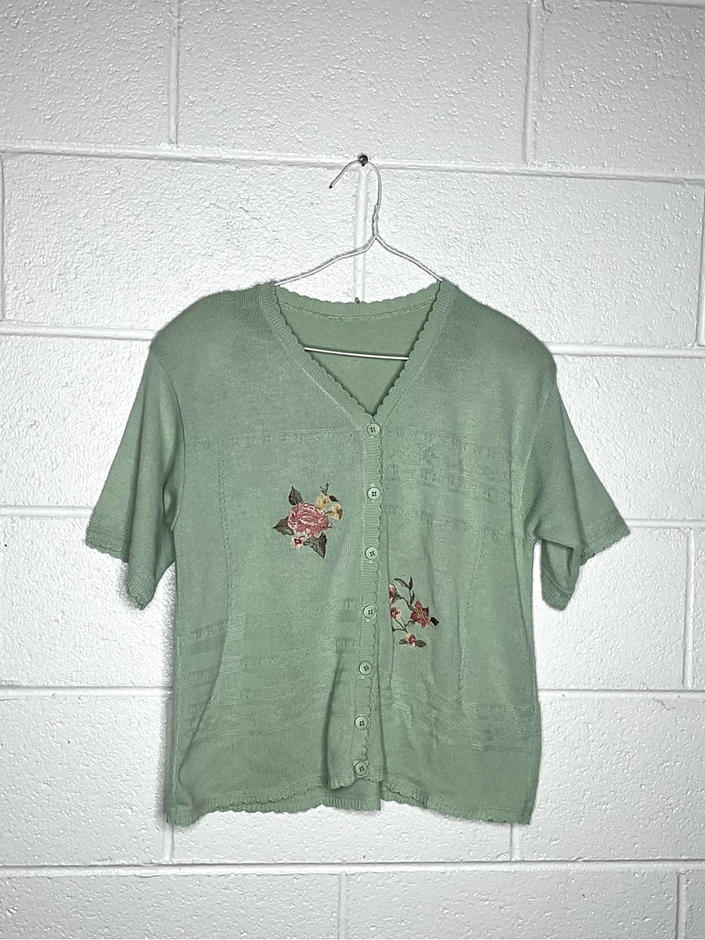 < Vintage Sage Green Knit Sweater Cardigan With Embroidered Flowers > - Picture 1 of 2